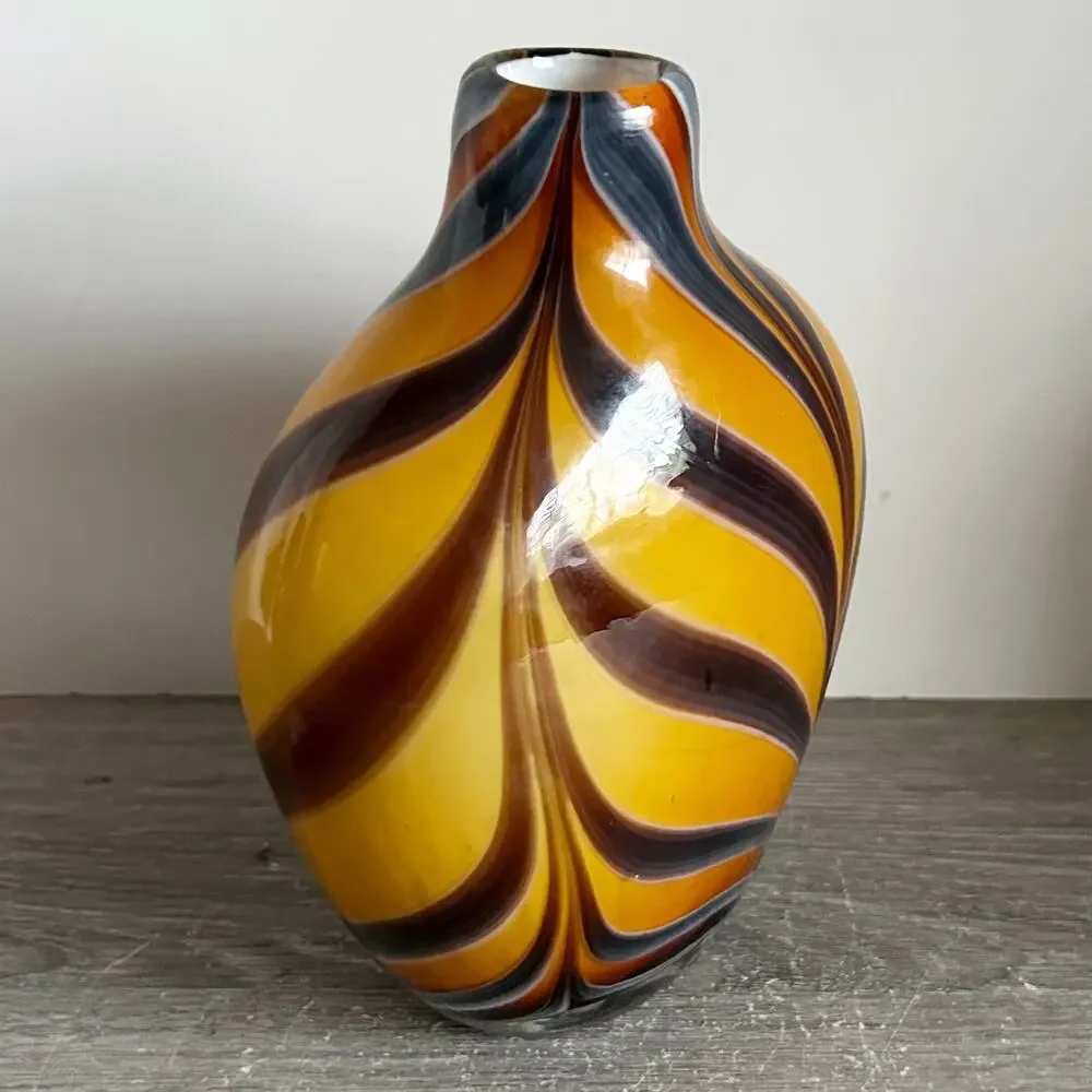 Vintage Murano Style Cased Tiger Strip / Pulled Feather Glass 8” Vase Set of 3